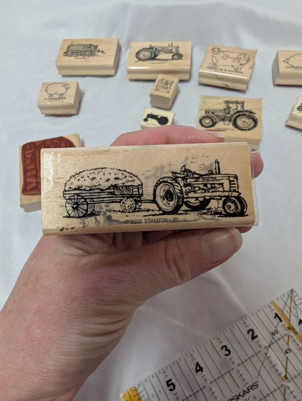 Lot Of 12 2002 Vintage Stampin' Up Wooden Stamps Tractors, Farm Animals Crafting